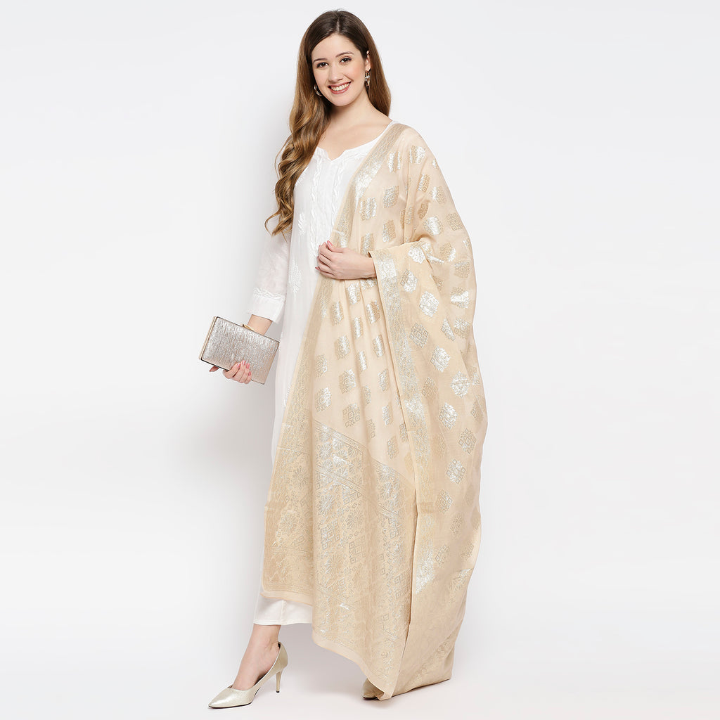Women Beige Viscose Chanderi Jacquard Printed Dupatta
