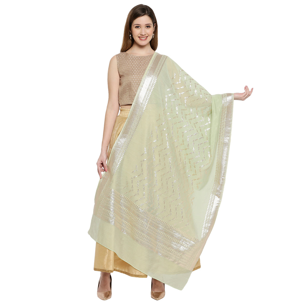 Women Pista Green Viscose Chanderi Jacquard Printed Dupatta