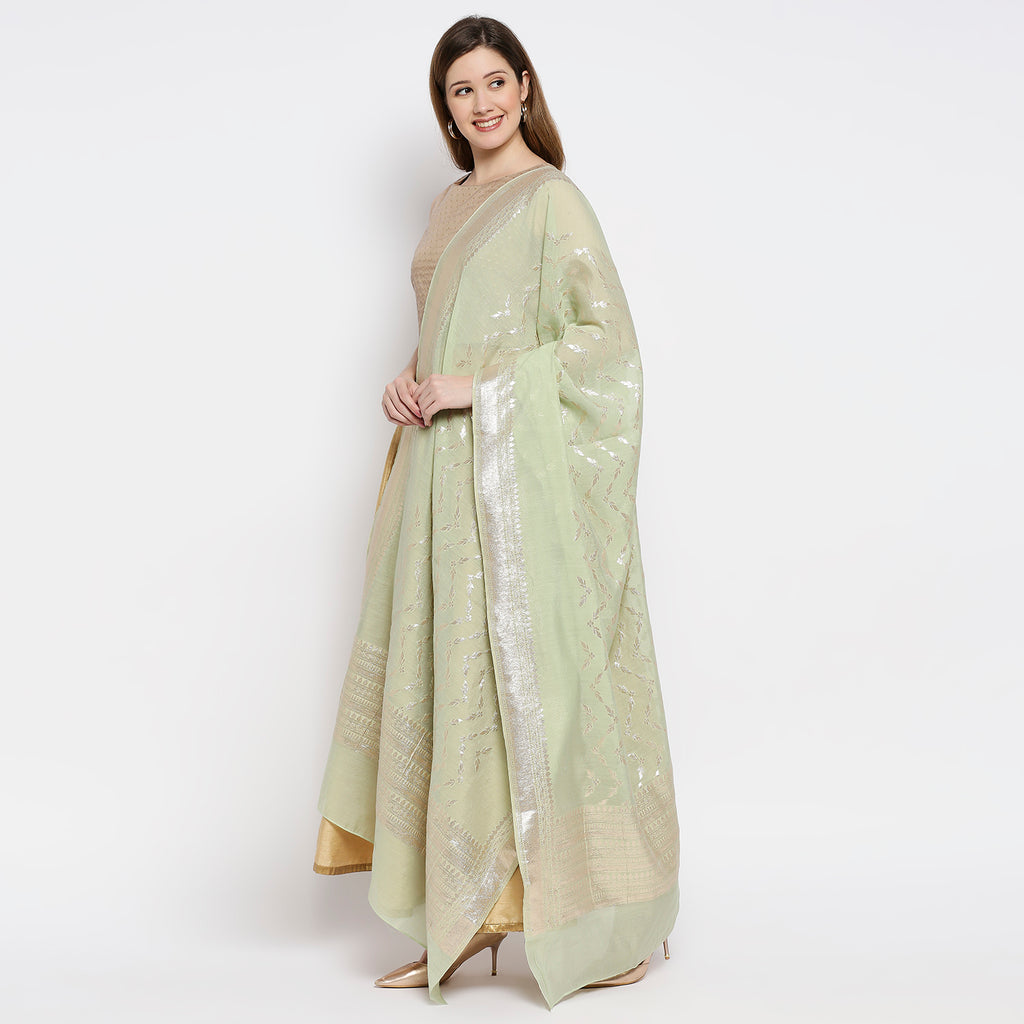 Women Pista Green Viscose Chanderi Jacquard Printed Dupatta