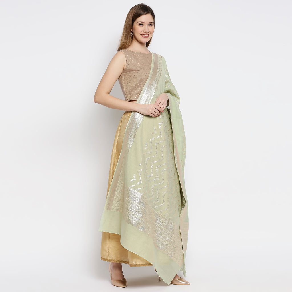 Women Pista Green Viscose Chanderi Jacquard Printed Dupatta