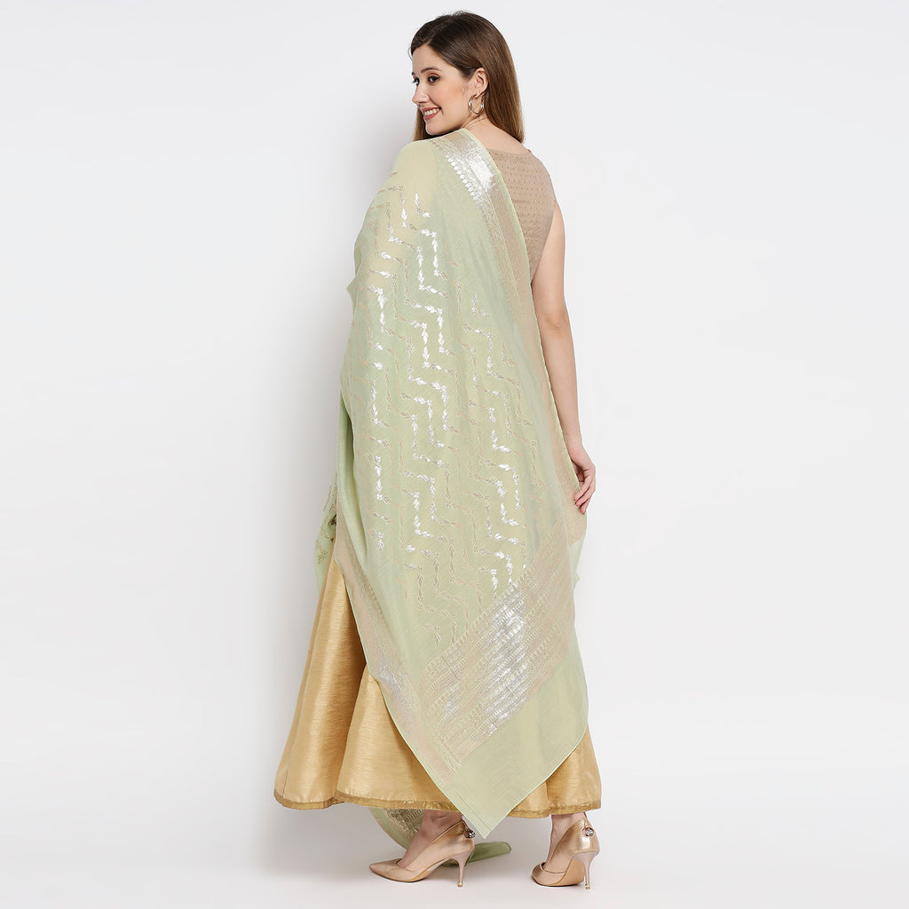 Women Pista Green Viscose Chanderi Jacquard Printed Dupatta