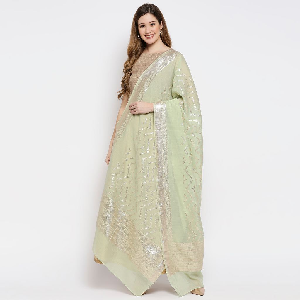 Women Pista Green Viscose Chanderi Jacquard Printed Dupatta