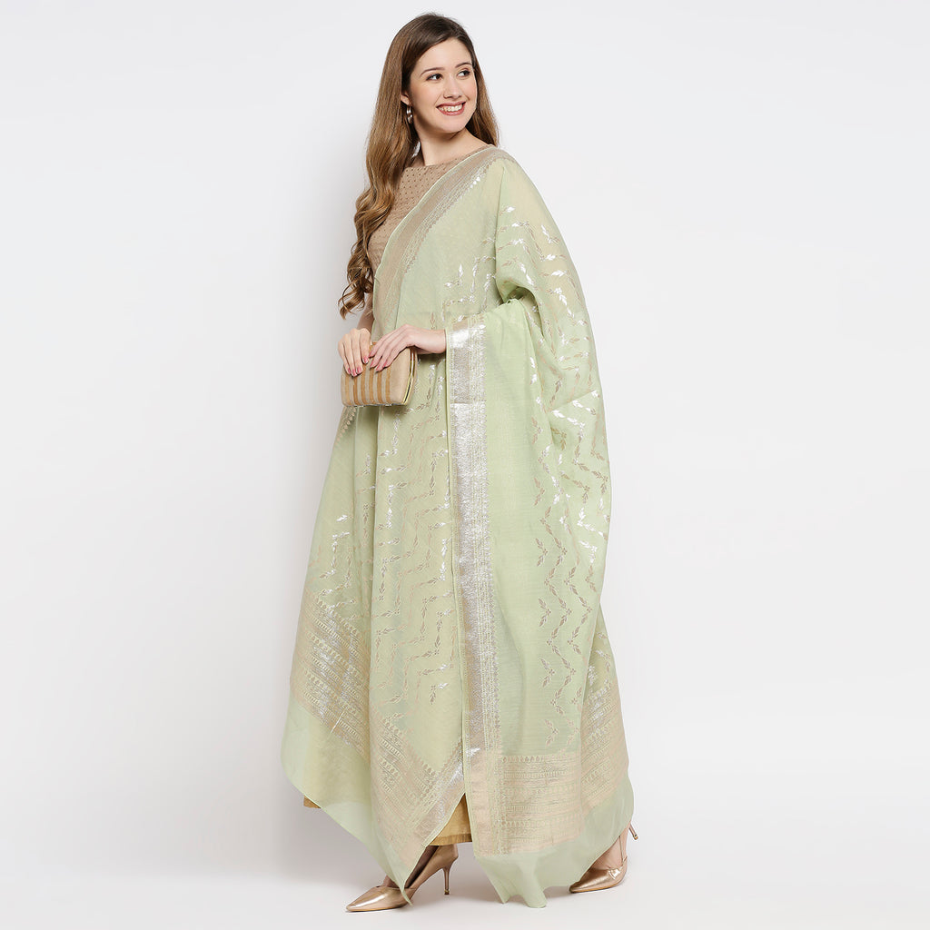 Women Pista Green Viscose Chanderi Jacquard Printed Dupatta