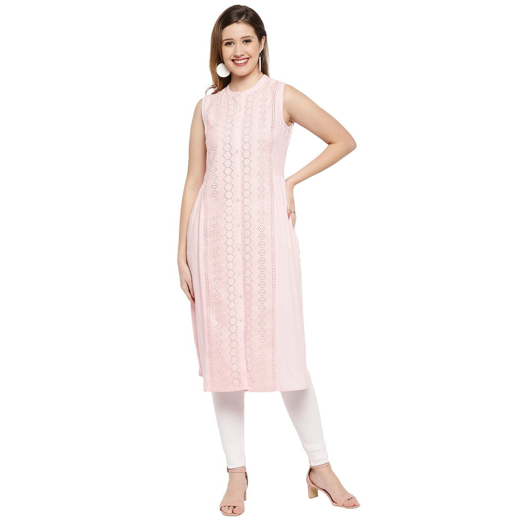 Women's Pink Viscose Self Print Kurta