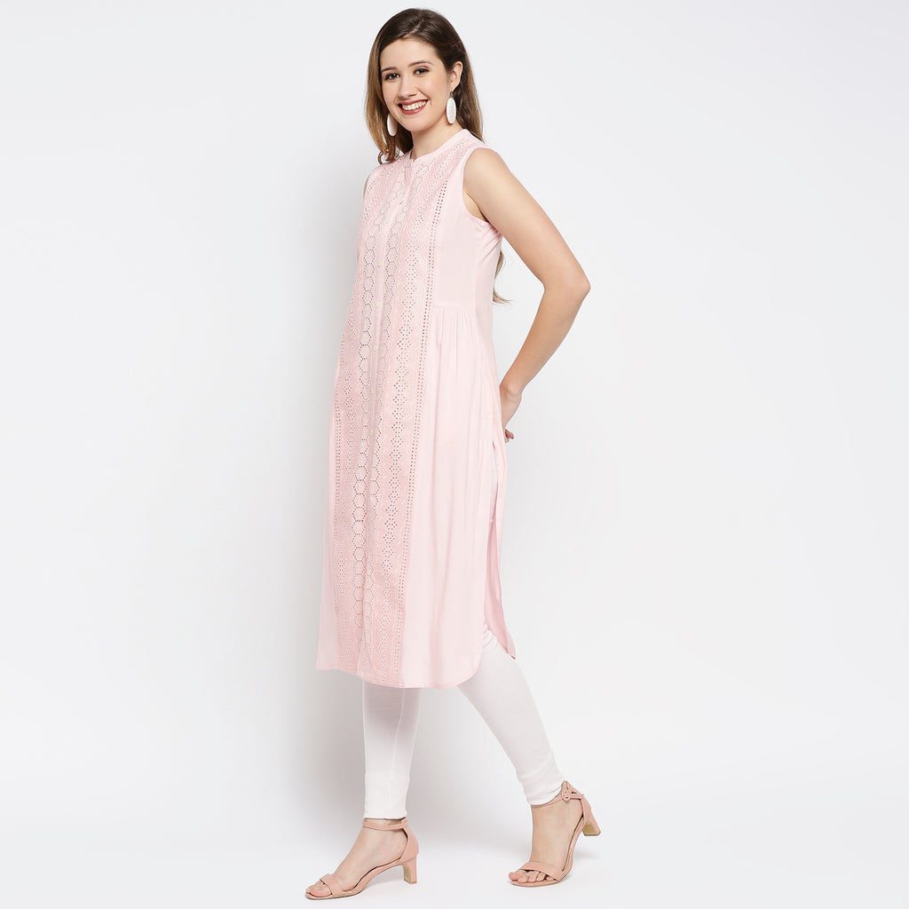 Women's Pink Viscose Self Print Kurta