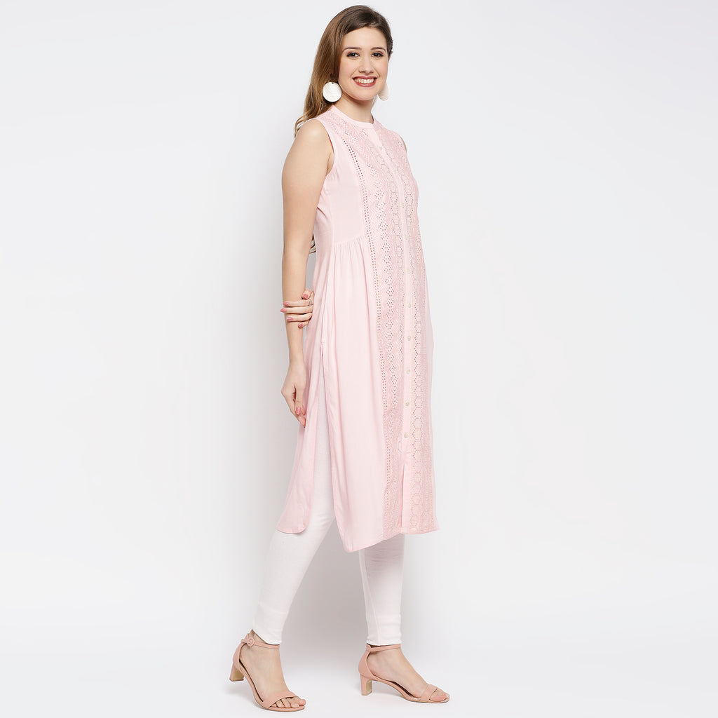 Women's Pink Viscose Self Print Kurta