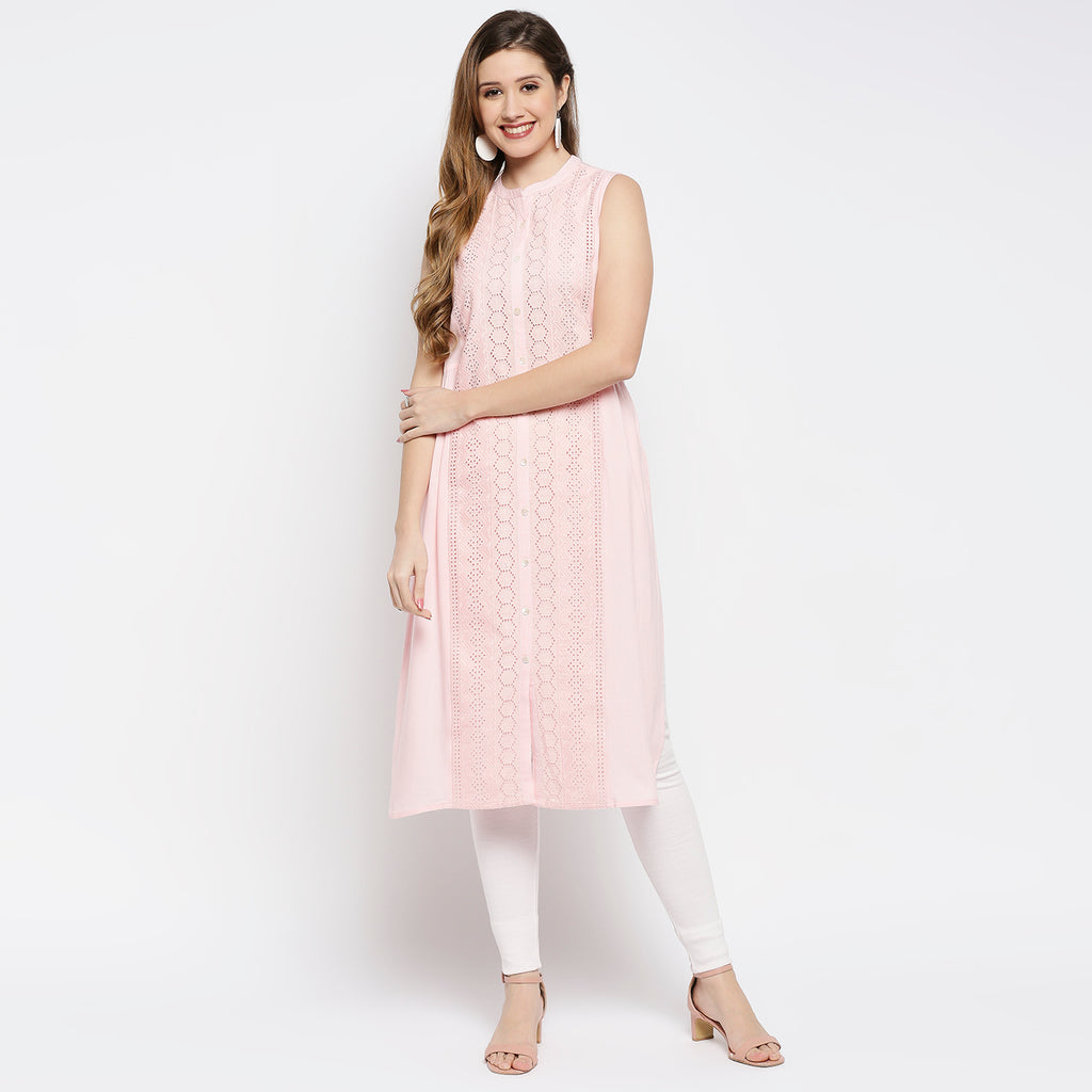 Women's Pink Viscose Self Print Kurta