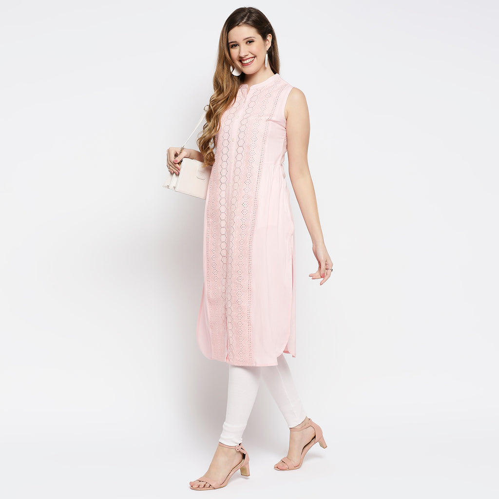Women's Pink Viscose Self Print Kurta