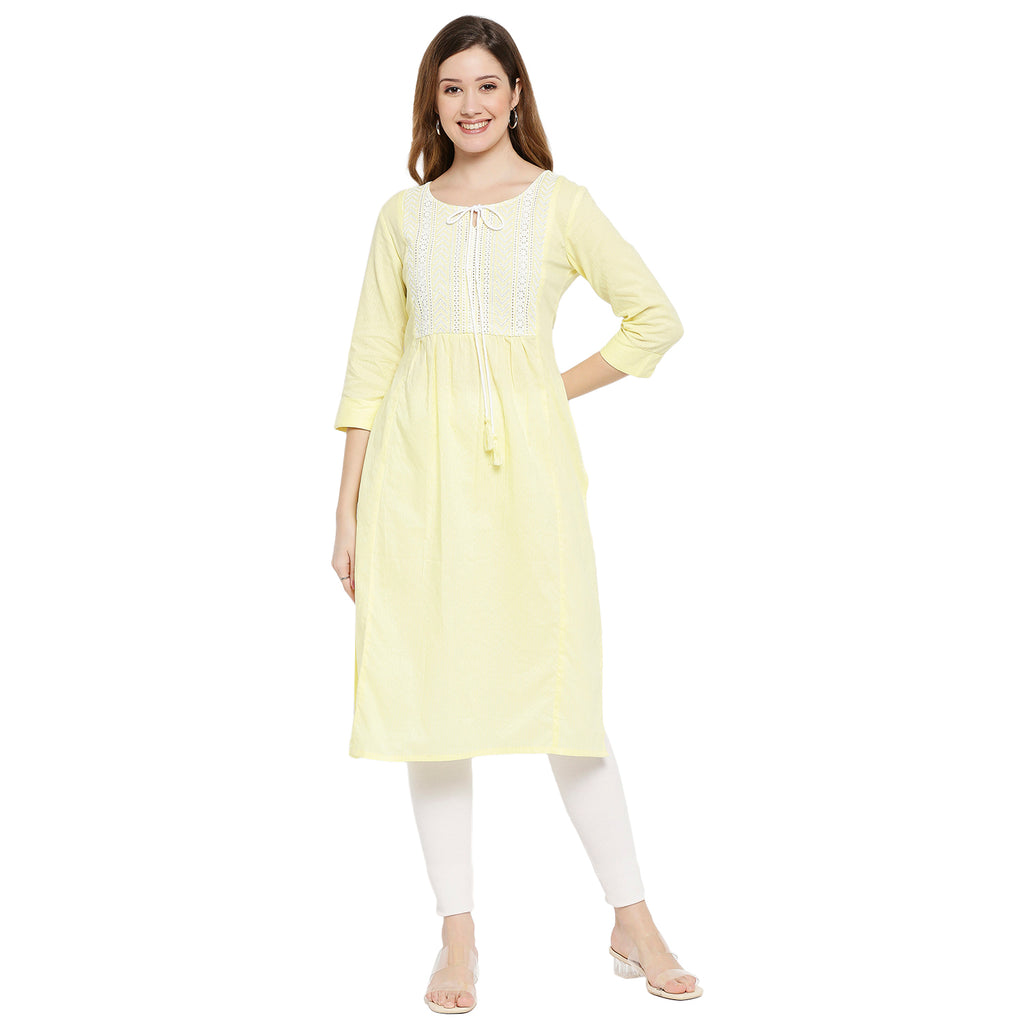 Women Mustard Cotton Dobby Embroidered Kurta