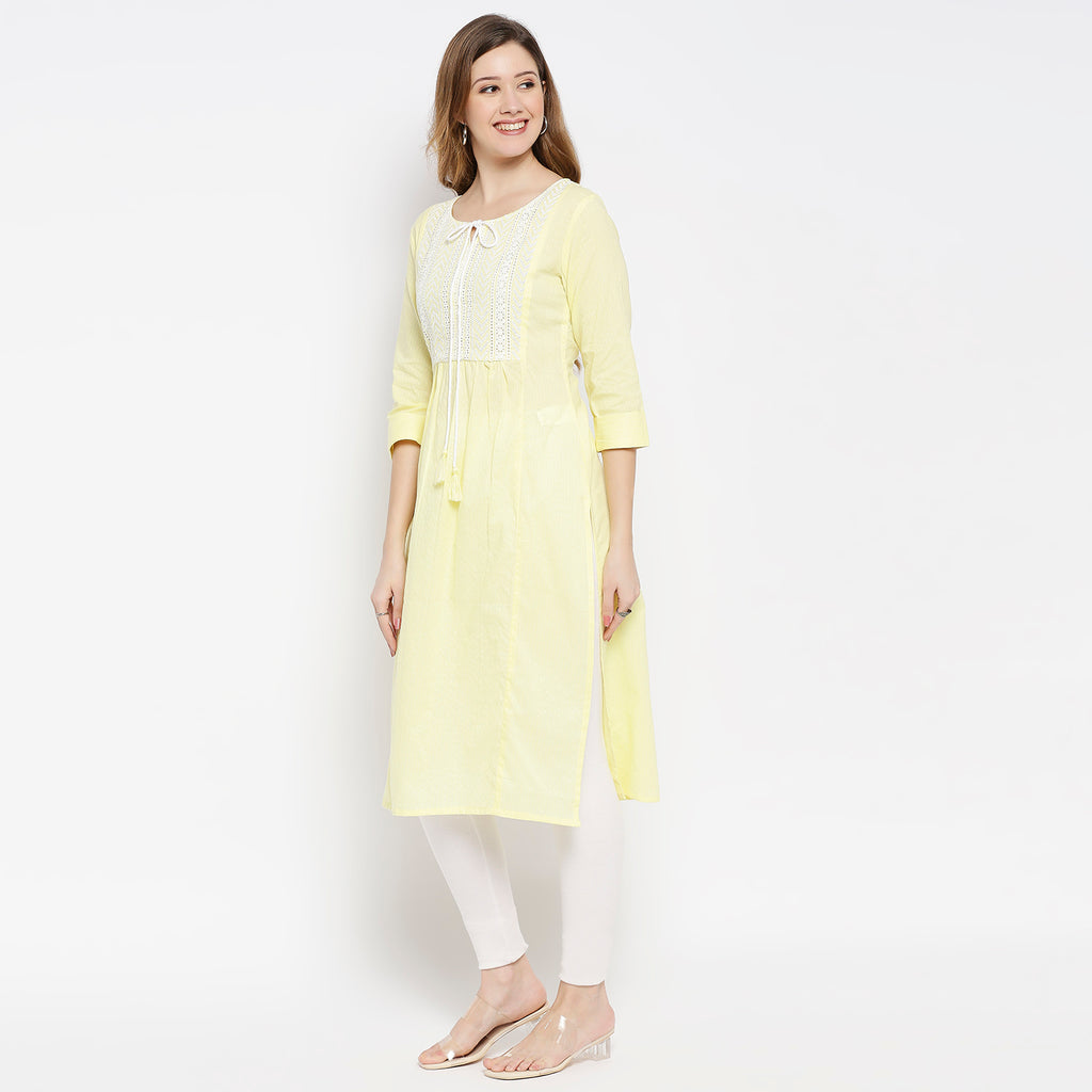 Women Mustard Cotton Dobby Embroidered Kurta