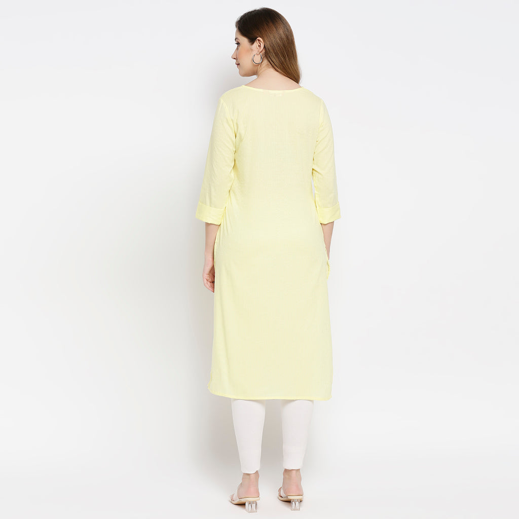 Women Mustard Cotton Dobby Embroidered Kurta