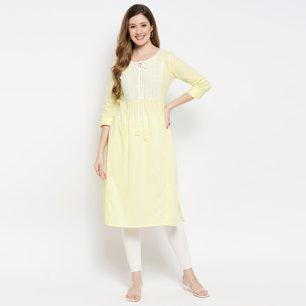 Women Mustard Cotton Dobby Embroidered Kurta