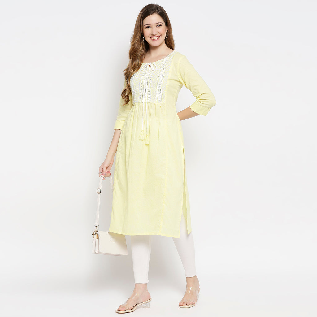 Women Mustard Cotton Dobby Embroidered Kurta