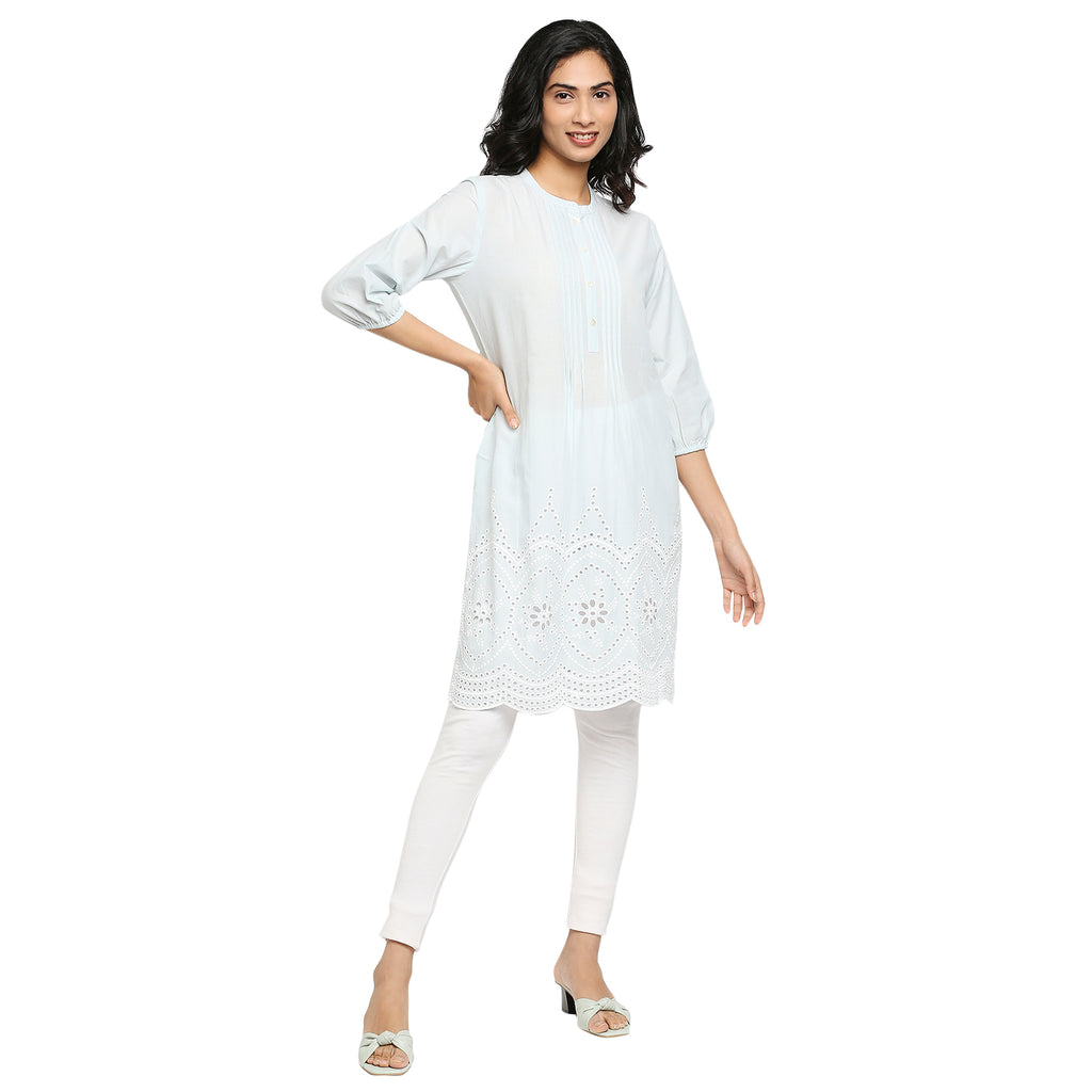 Women's Light Blue Cotton Solid Kurta