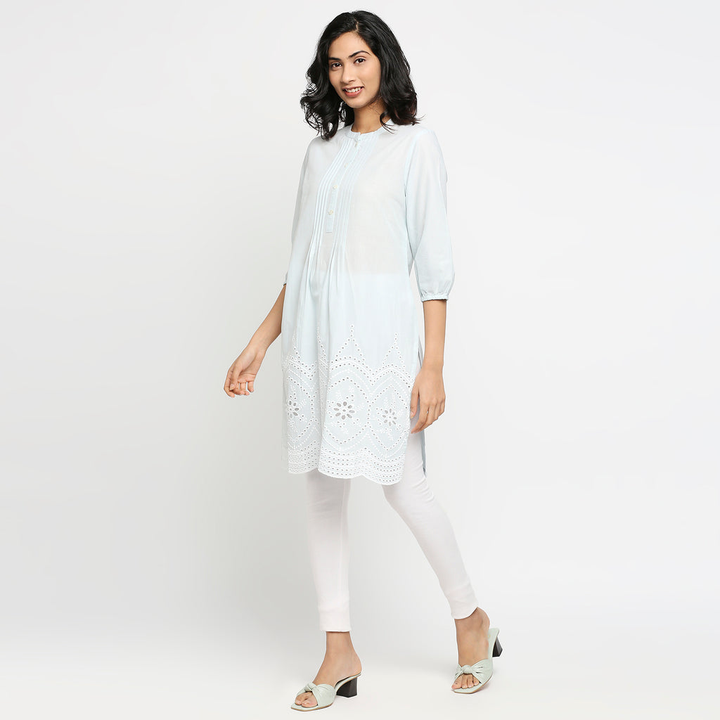 Women's Light Blue Cotton Solid Kurta