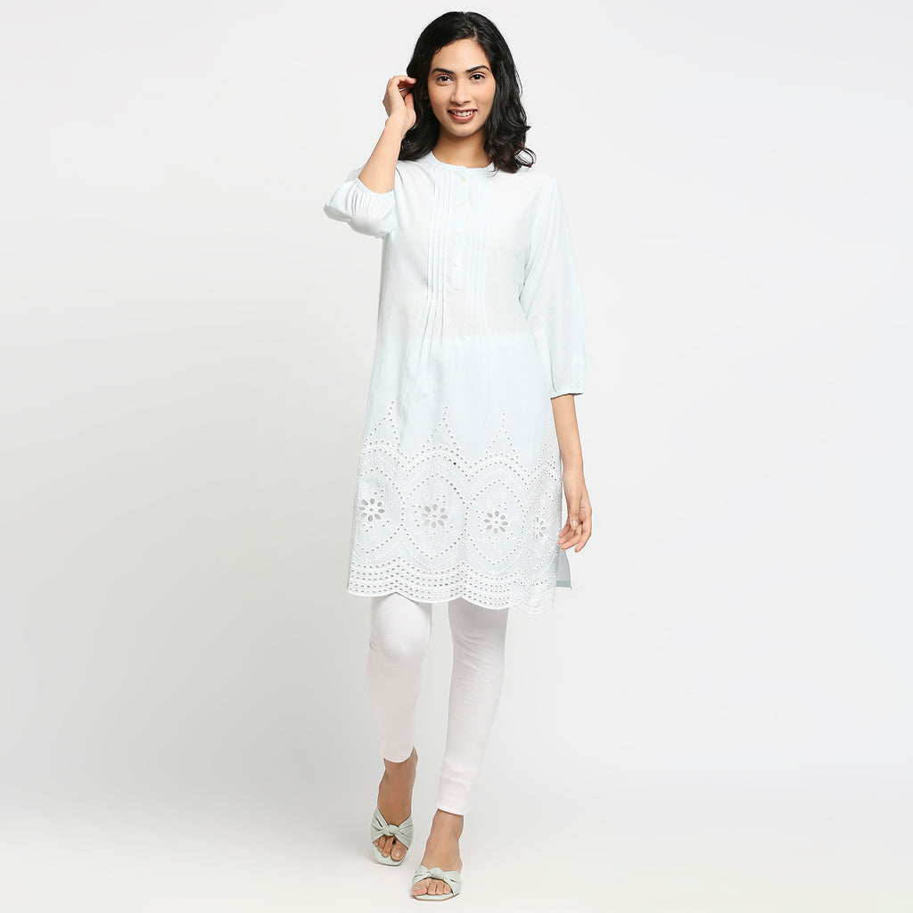 Women's Light Blue Cotton Solid Kurta