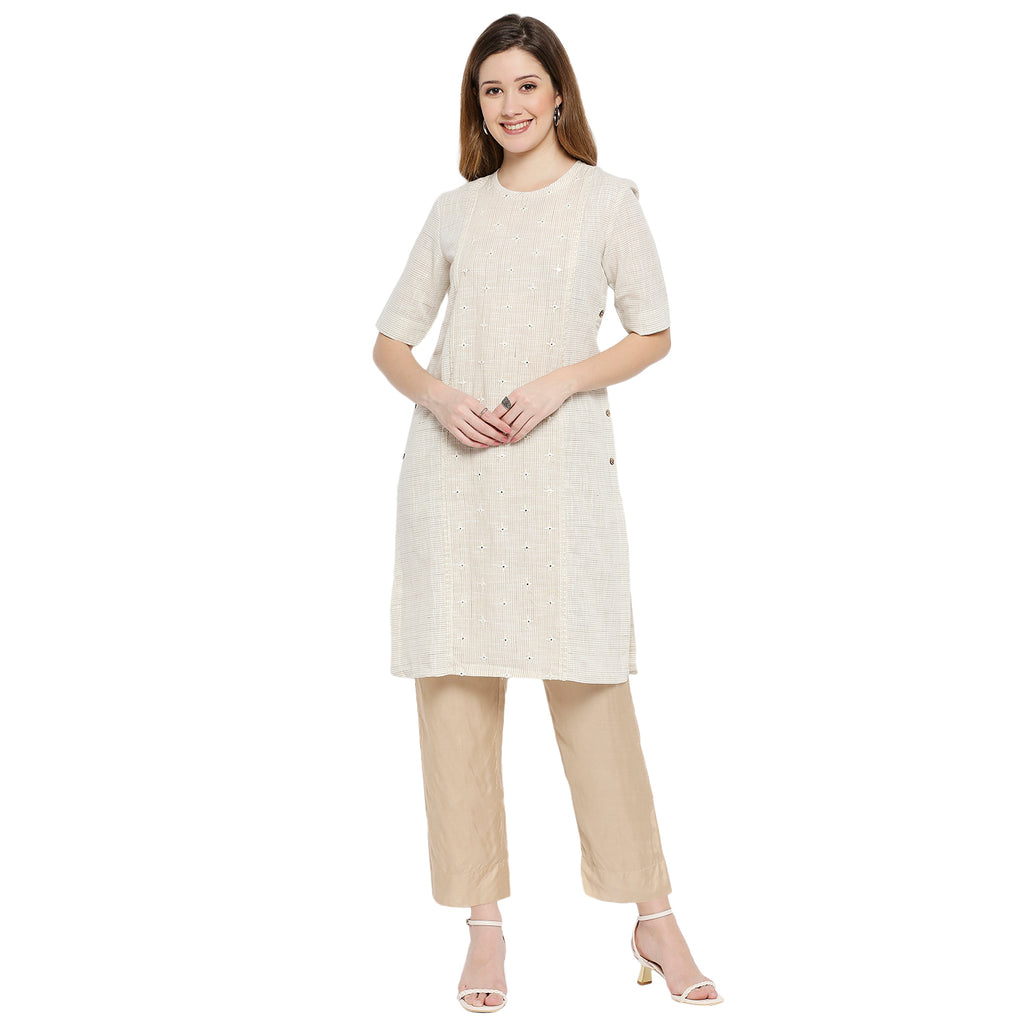 Women Beige Cotton Viscose Embroidered Kurta