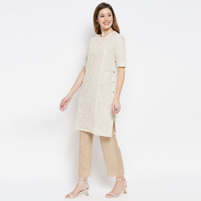 Women Beige Cotton Viscose Embroidered Kurta