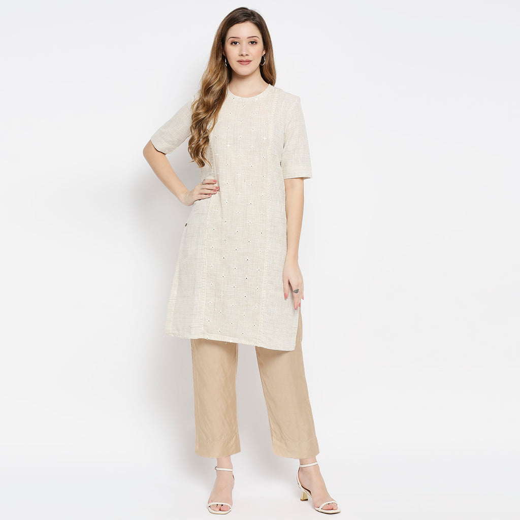 Women Beige Cotton Viscose Embroidered Kurta