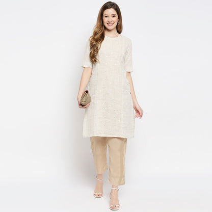 Women Beige Cotton Viscose Embroidered Kurta