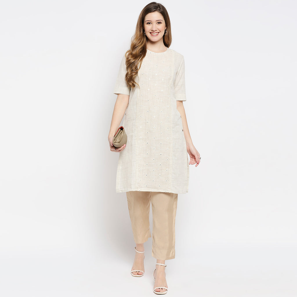 Women Beige Cotton Viscose Embroidered Kurta