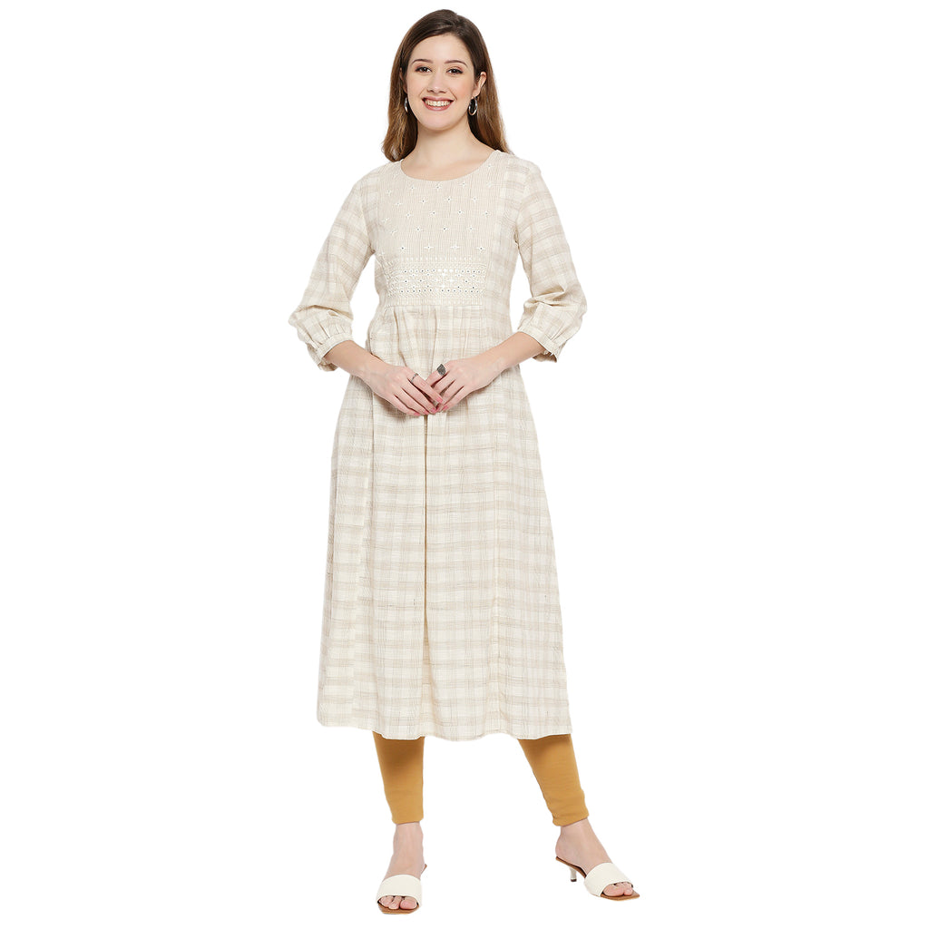 Women Beige Cotton Viscose Embroidered Kurta