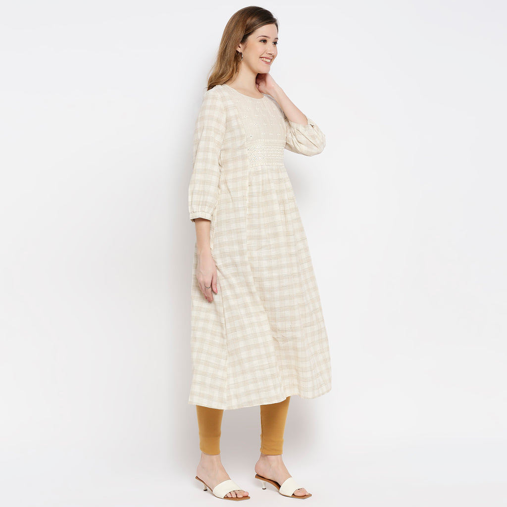 Women Beige Cotton Viscose Embroidered Kurta