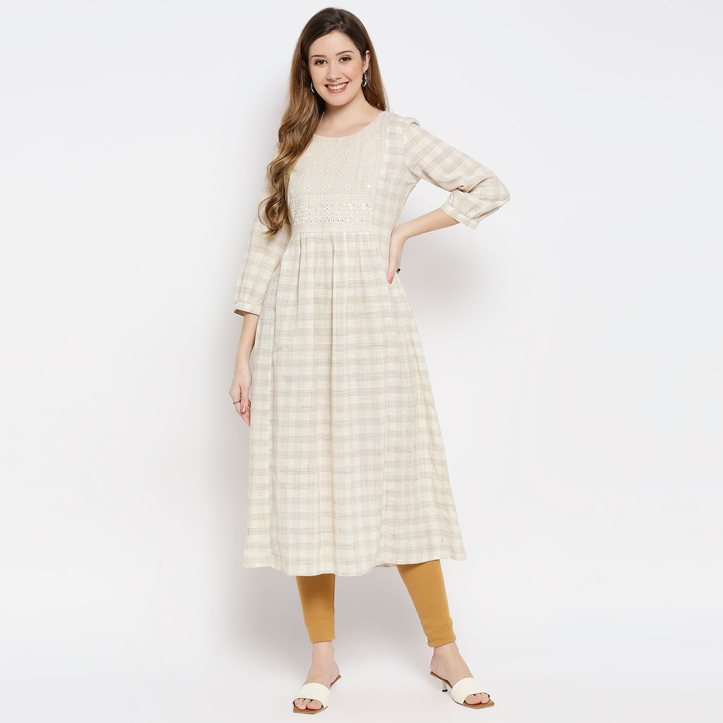 Women Beige Cotton Viscose Embroidered Kurta