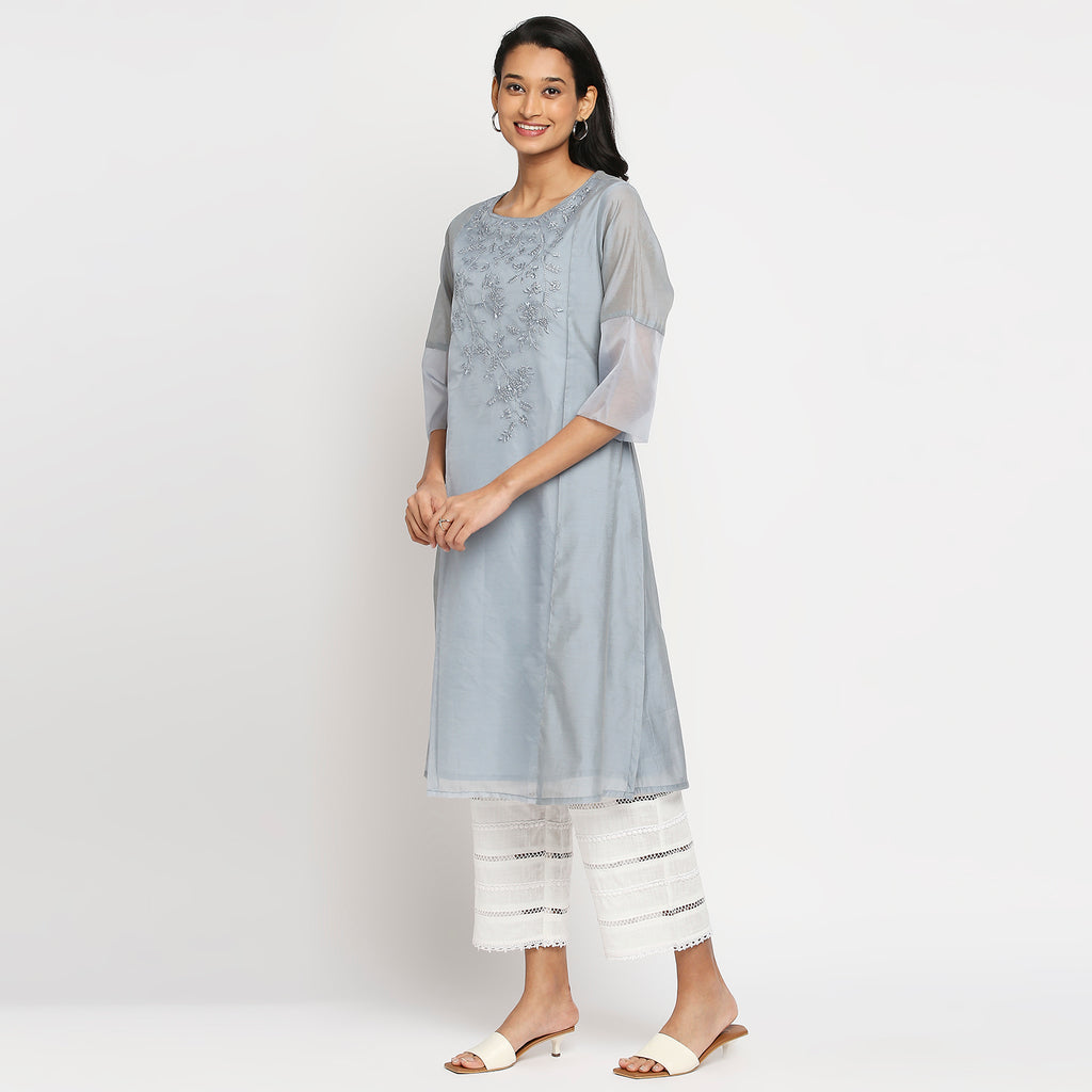 Women's Ice Blue Modal Embroidered Kurta