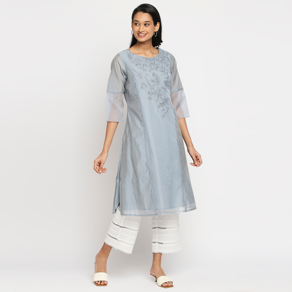 Women's Ice Blue Modal Embroidered Kurta