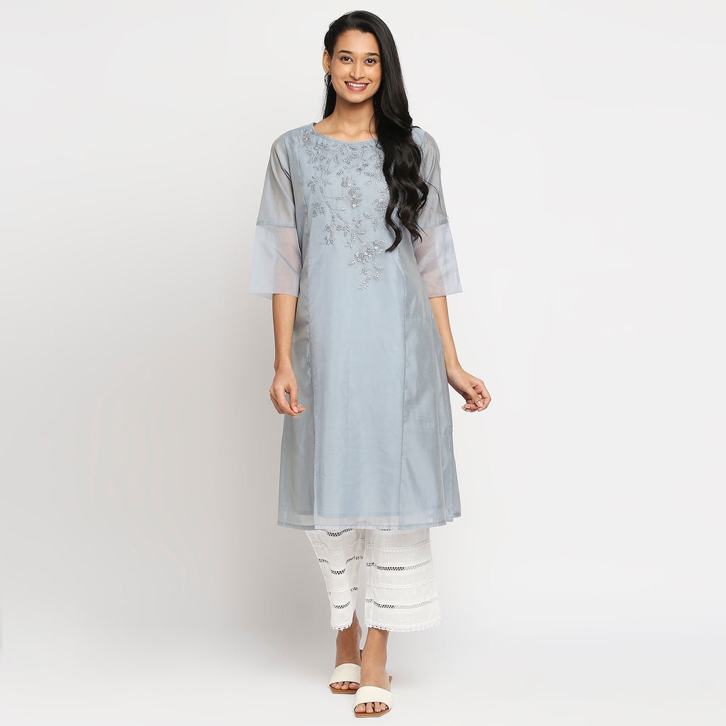 Women's Ice Blue Modal Embroidered Kurta