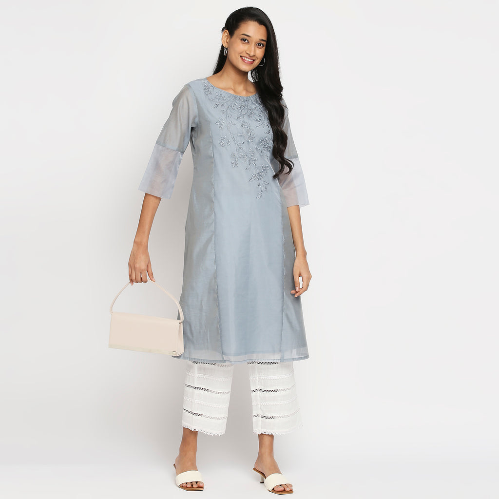 Women's Ice Blue Modal Embroidered Kurta
