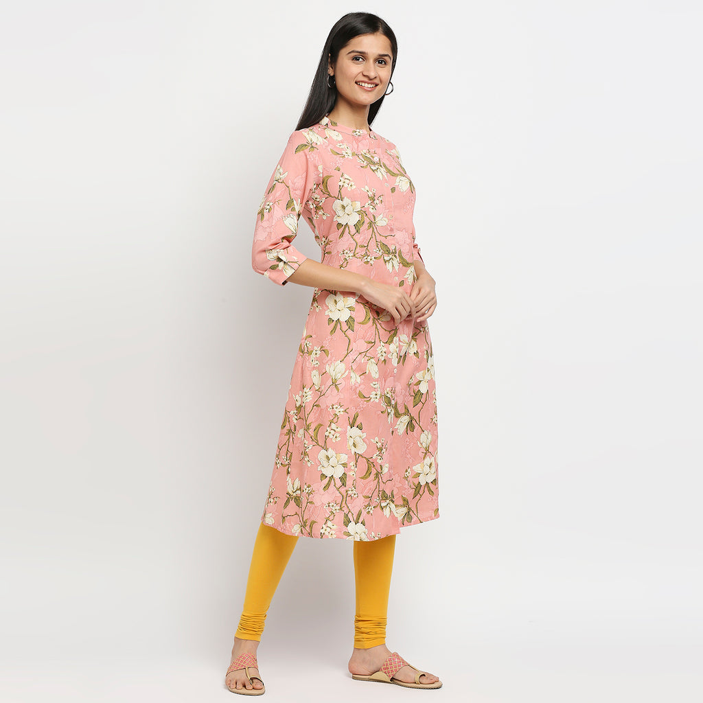 Women's Peach Cotton Flax Printed Kurta