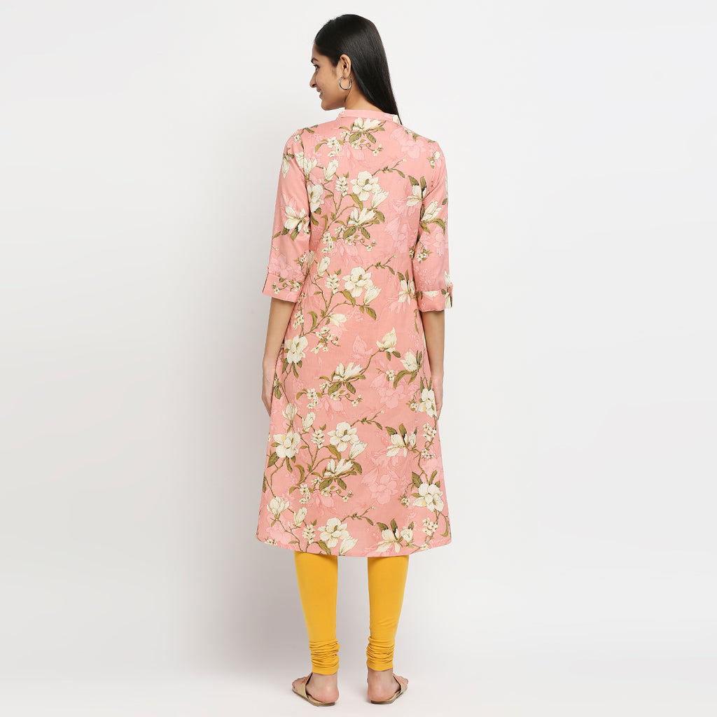 Women's Peach Cotton Flax Printed Kurta