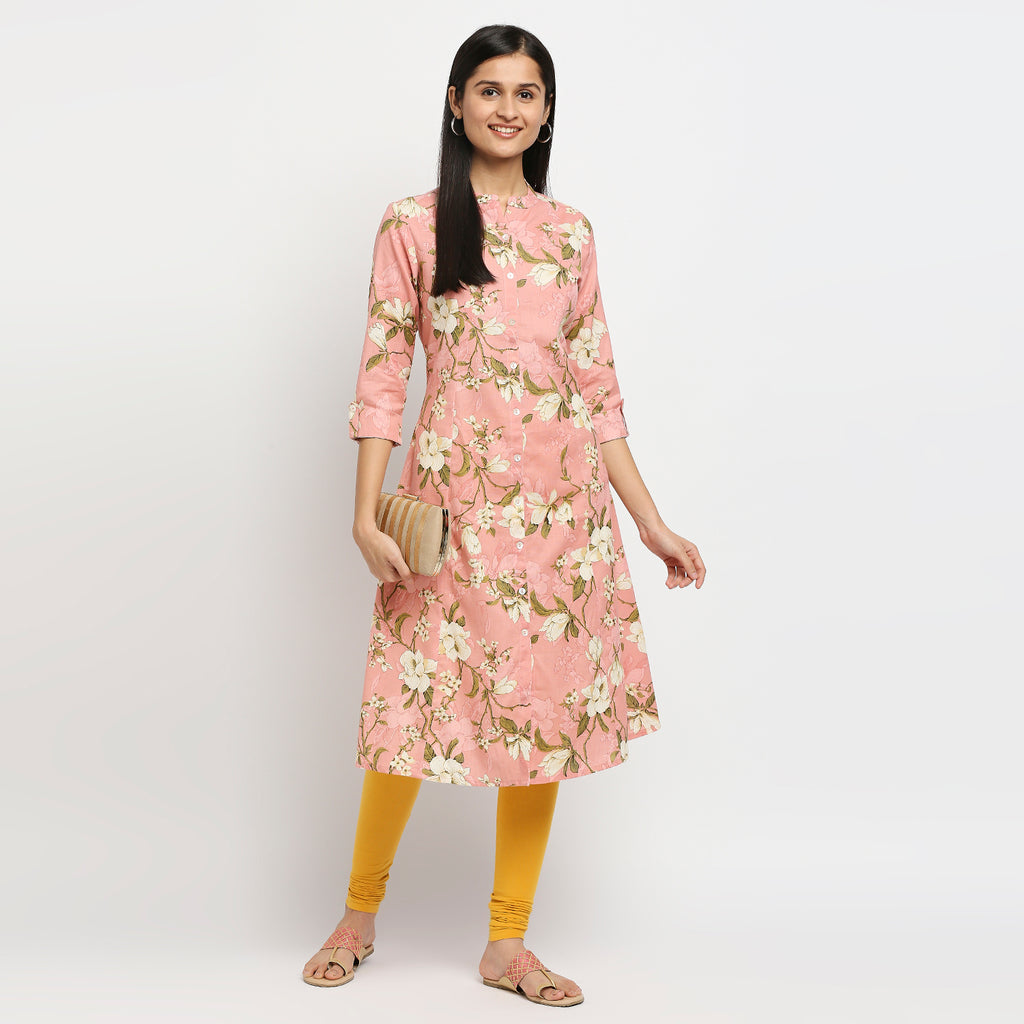 Women's Peach Cotton Flax Printed Kurta