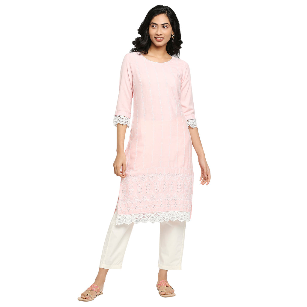 Women's Light Pink Rayon Flax Embroidered Kurta