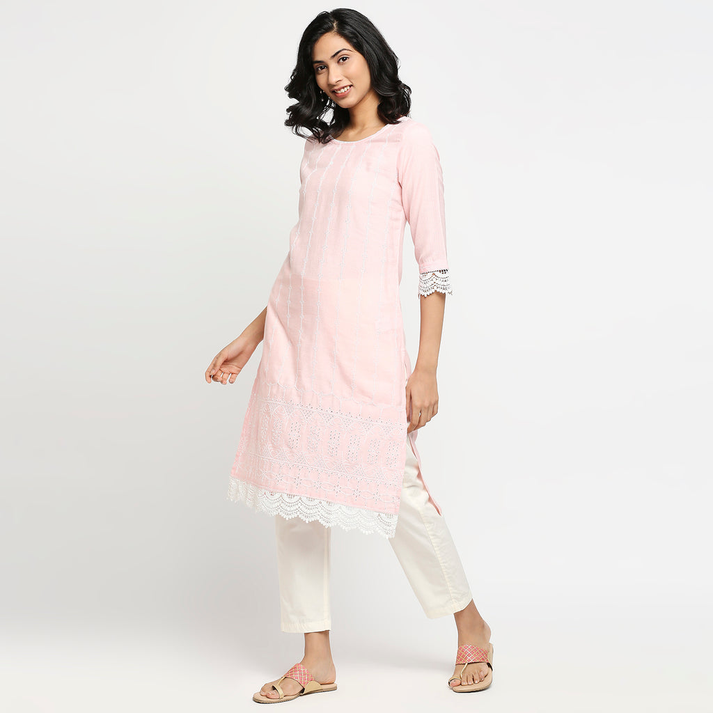 Women's Light Pink Rayon Flax Embroidered Kurta