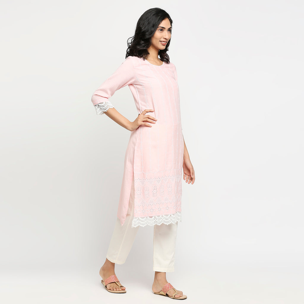 Women's Light Pink Rayon Flax Embroidered Kurta