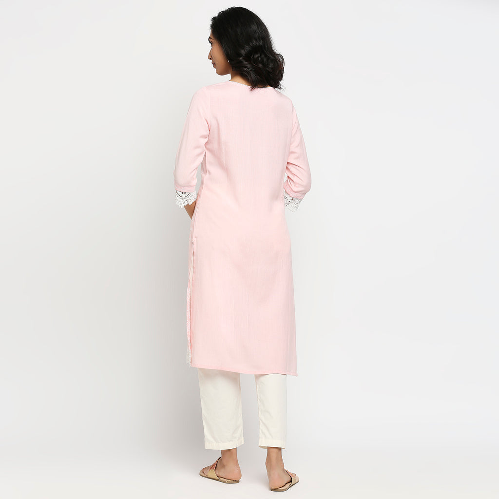 Women's Light Pink Rayon Flax Embroidered Kurta
