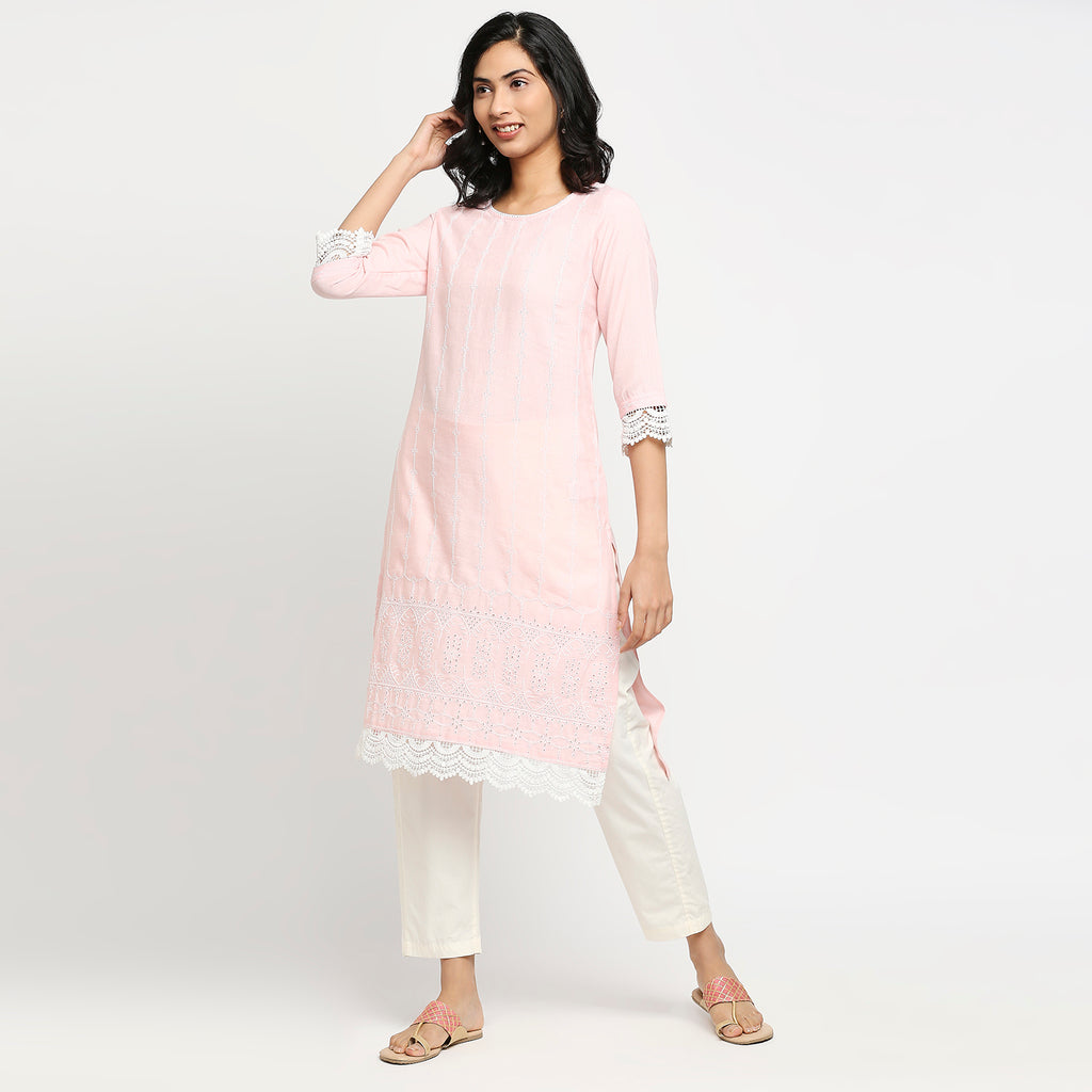 Women's Light Pink Rayon Flax Embroidered Kurta