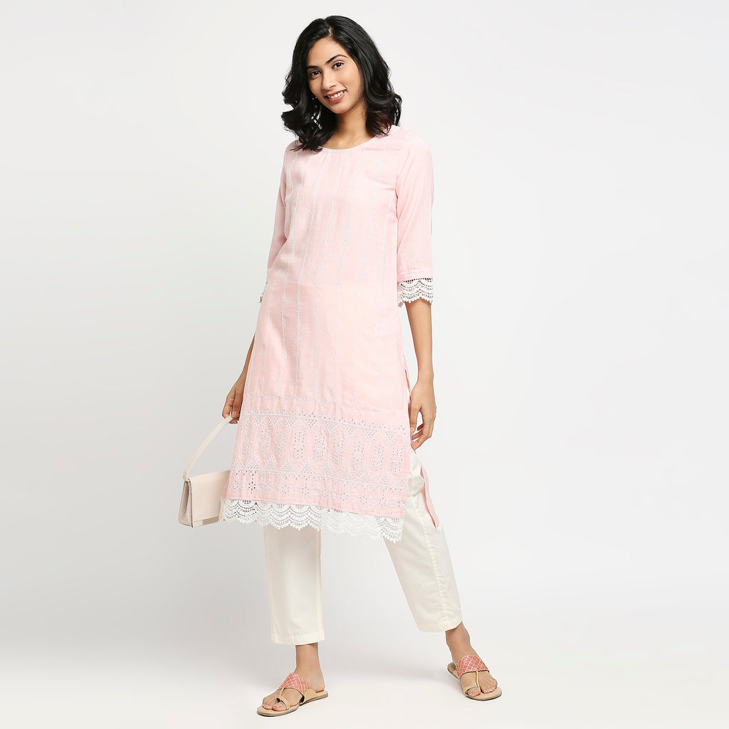 Women's Light Pink Rayon Flax Embroidered Kurta