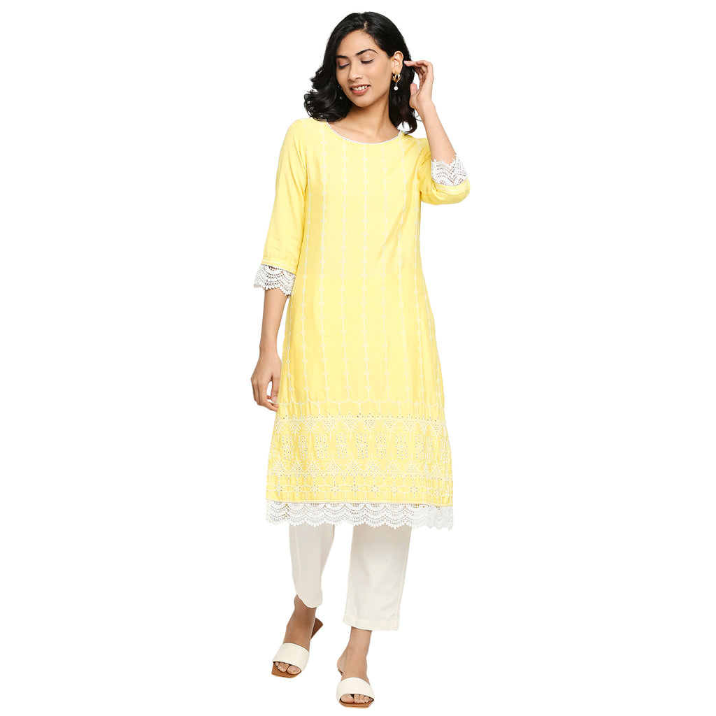 Women's Light Yellow Rayon Flax Embroidered Kurta