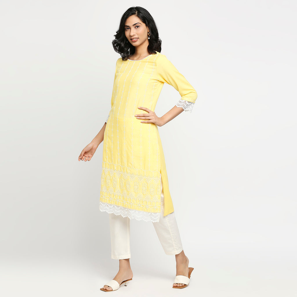 Women's Light Yellow Rayon Flax Embroidered Kurta