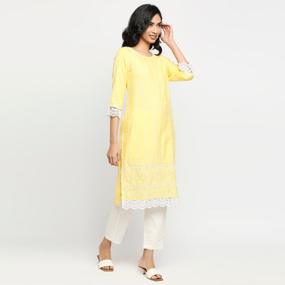 Women's Light Yellow Rayon Flax Embroidered Kurta