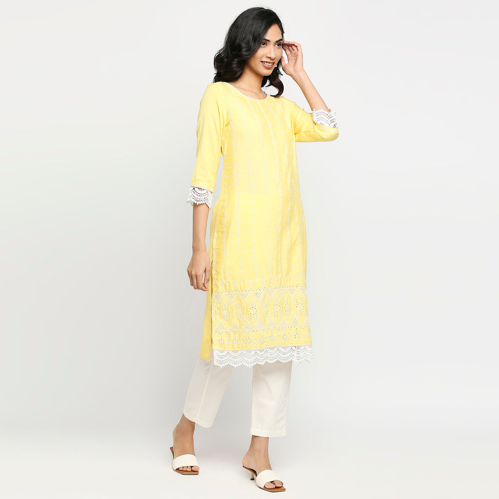 Women's Light Yellow Rayon Flax Embroidered Kurta