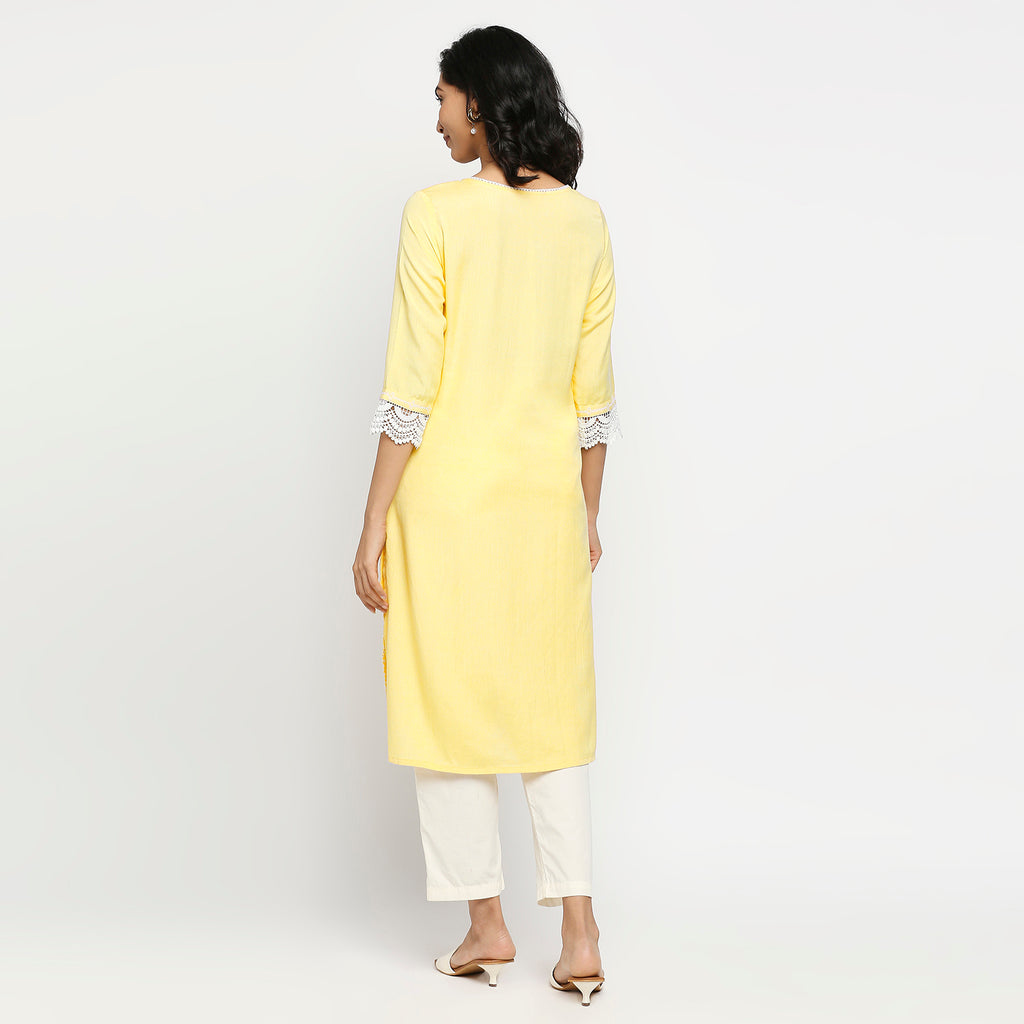 Women's Light Yellow Rayon Flax Embroidered Kurta