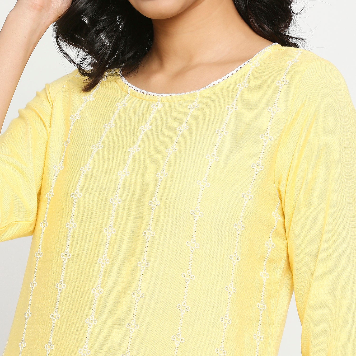 Women's Light Yellow Rayon Flax Embroidered Kurta