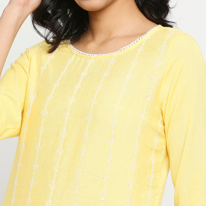 Women's Light Yellow Rayon Flax Embroidered Kurta