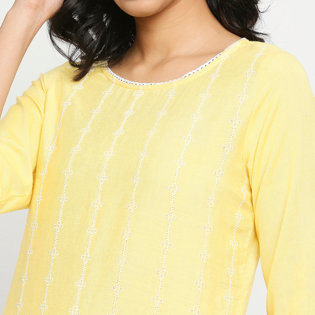 Women's Light Yellow Rayon Flax Embroidered Kurta