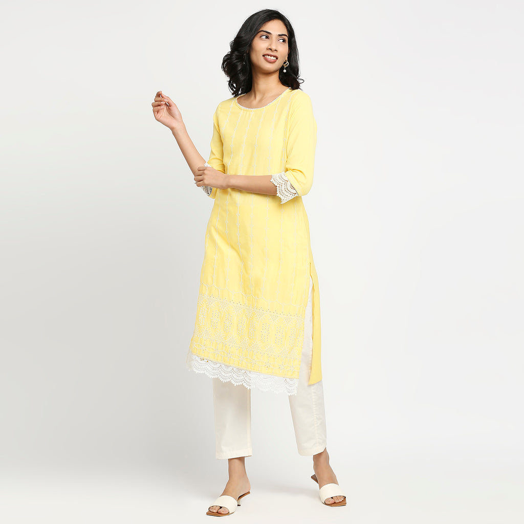 Women's Light Yellow Rayon Flax Embroidered Kurta
